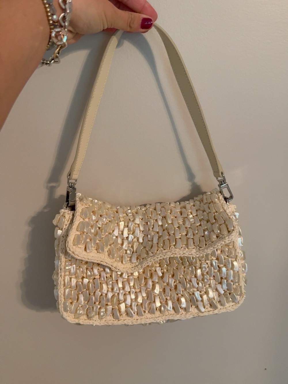 STAUD Timmy Pearl Beaded Raffia Shoulder Bag Cream